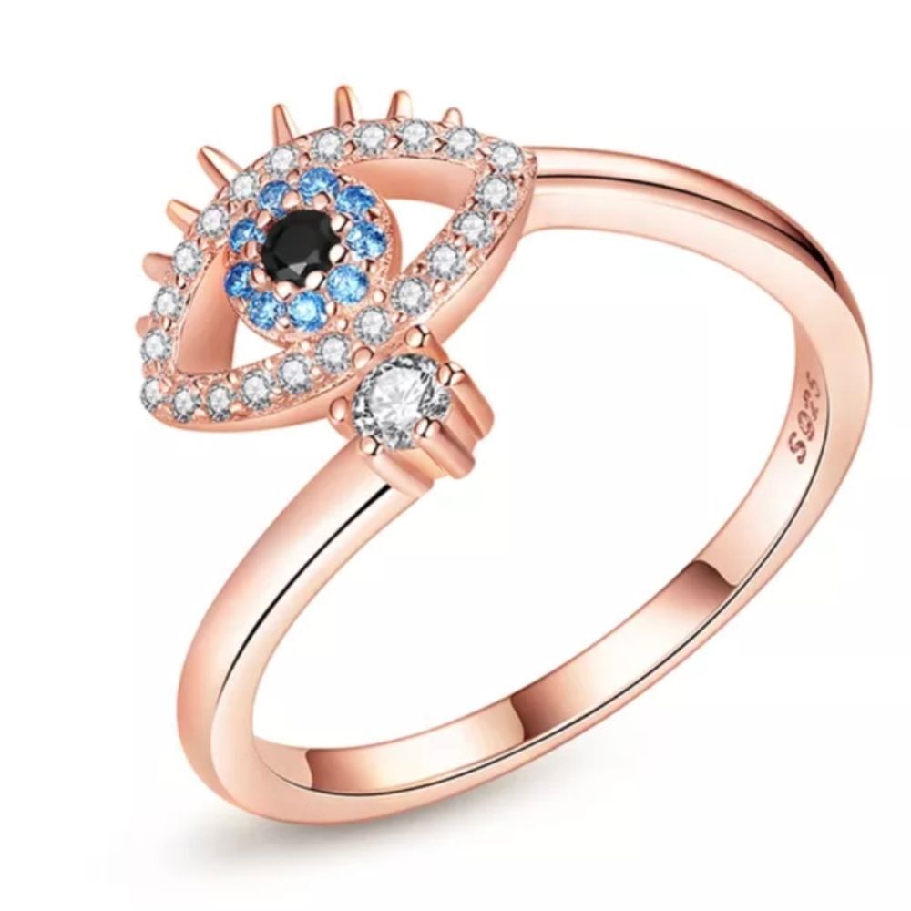 925 Sterling Silver Rose Gold Plated Adjustable Evil Eye Ring